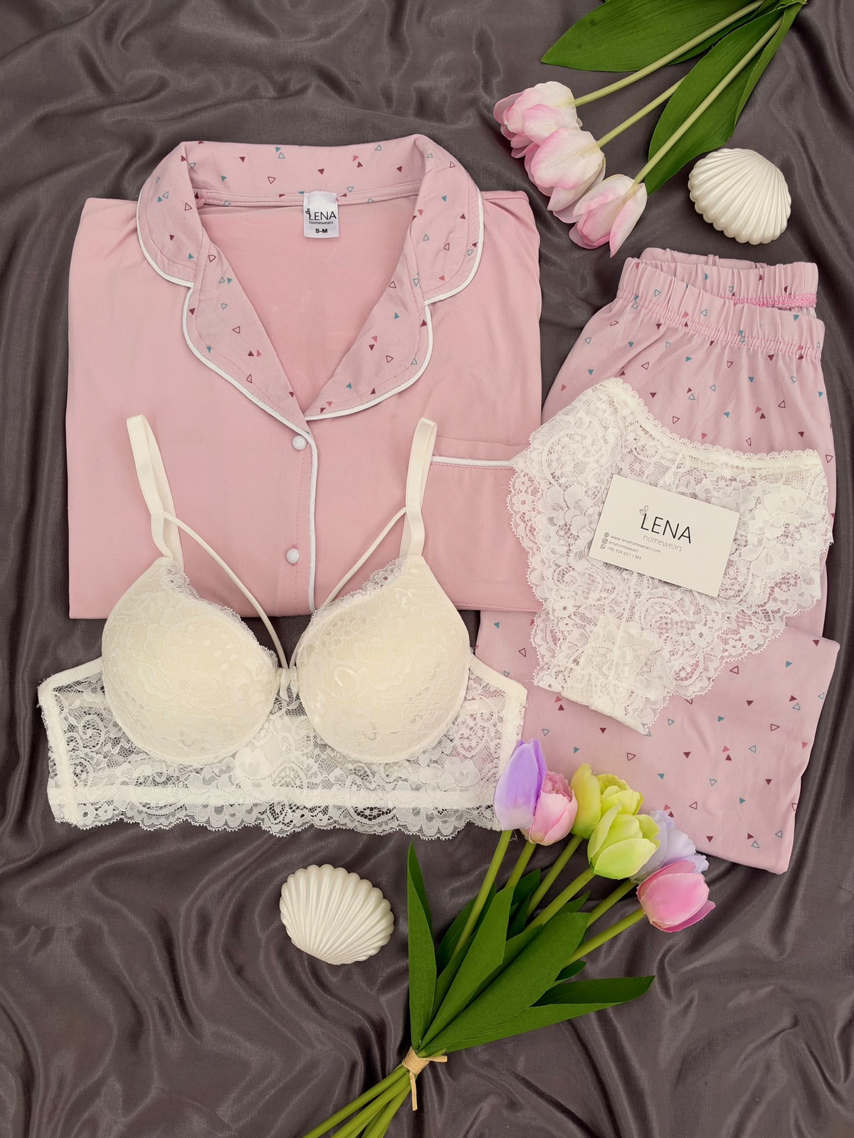 Üçgen Desenli Pembe Milan Uzun Kollu 4'lü Pijama Takımı