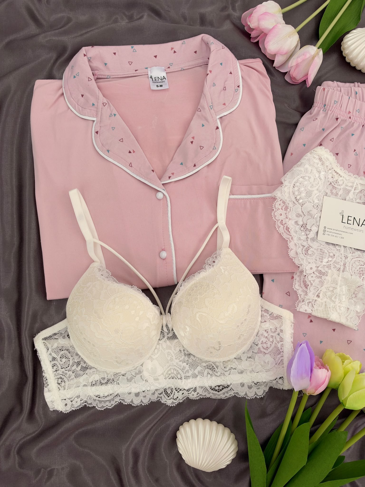 Üçgen Desenli Pembe Milan Uzun Kollu 4'lü Pijama Takımı