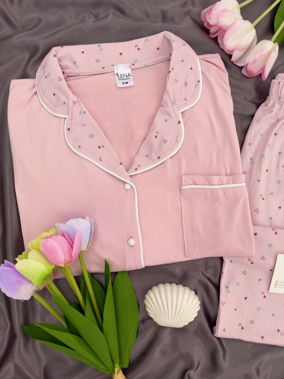 Üçgen Desenli Pembe Milan Uzun Kollu Pijama Takımı
