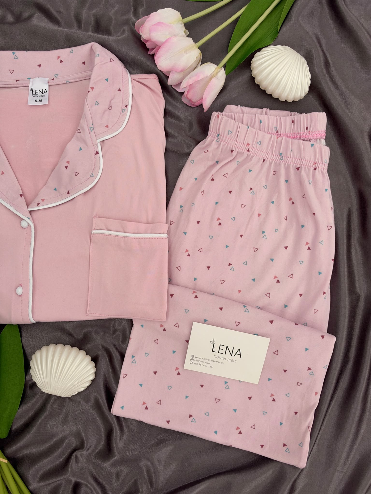 Üçgen Desenli Pembe Milan Uzun Kollu Pijama Takımı