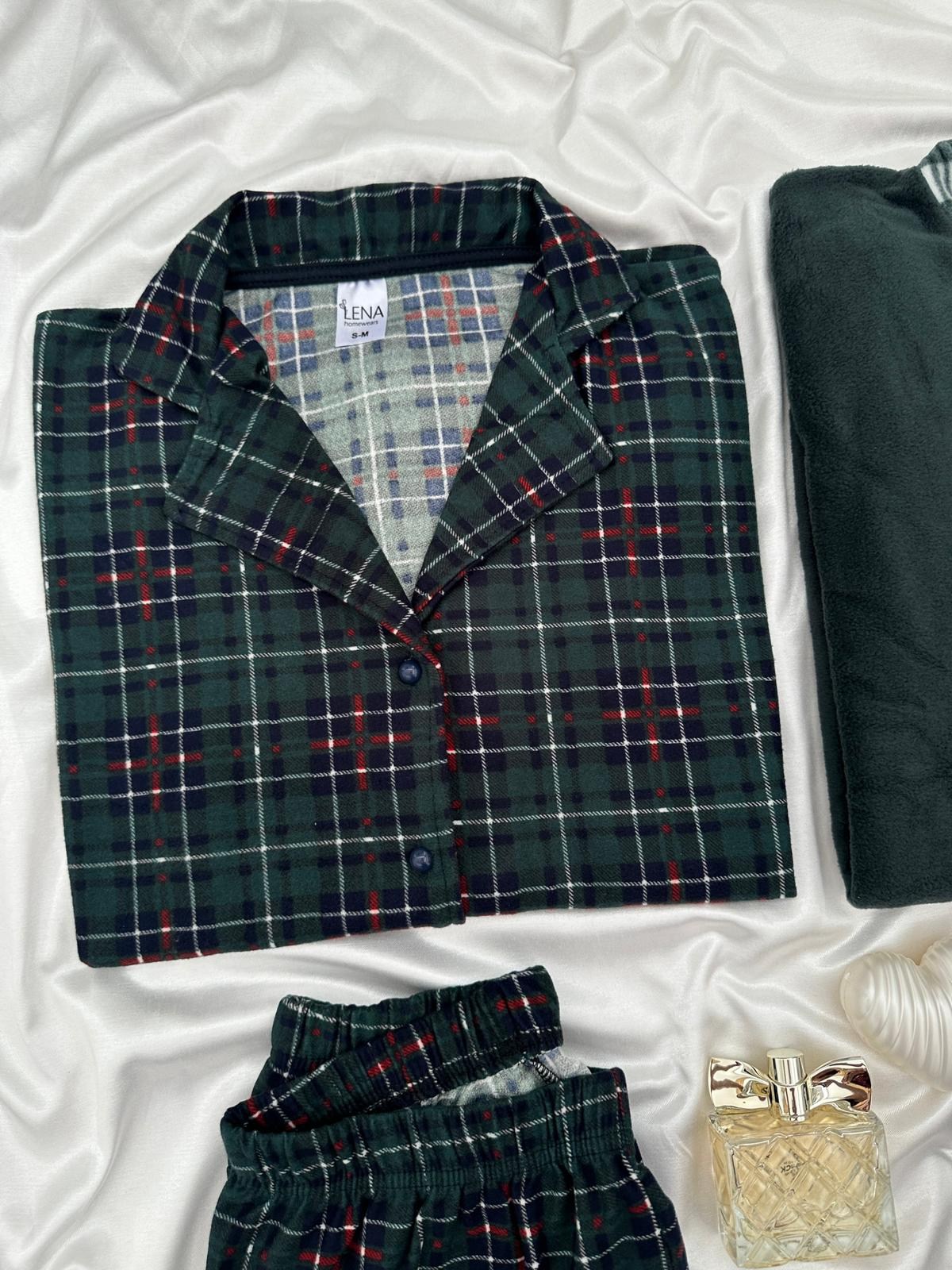 Yeşil Ekose Günlük Rahat Sevgili Çift Uzun Kollu Pijama Takımı (2'li Set)