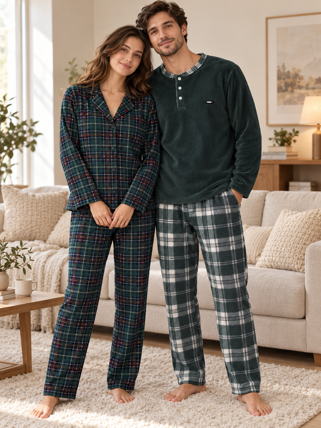 Yeşil Ekose Günlük Rahat Sevgili Çift Uzun Kollu Pijama Takımı (2'li Set)