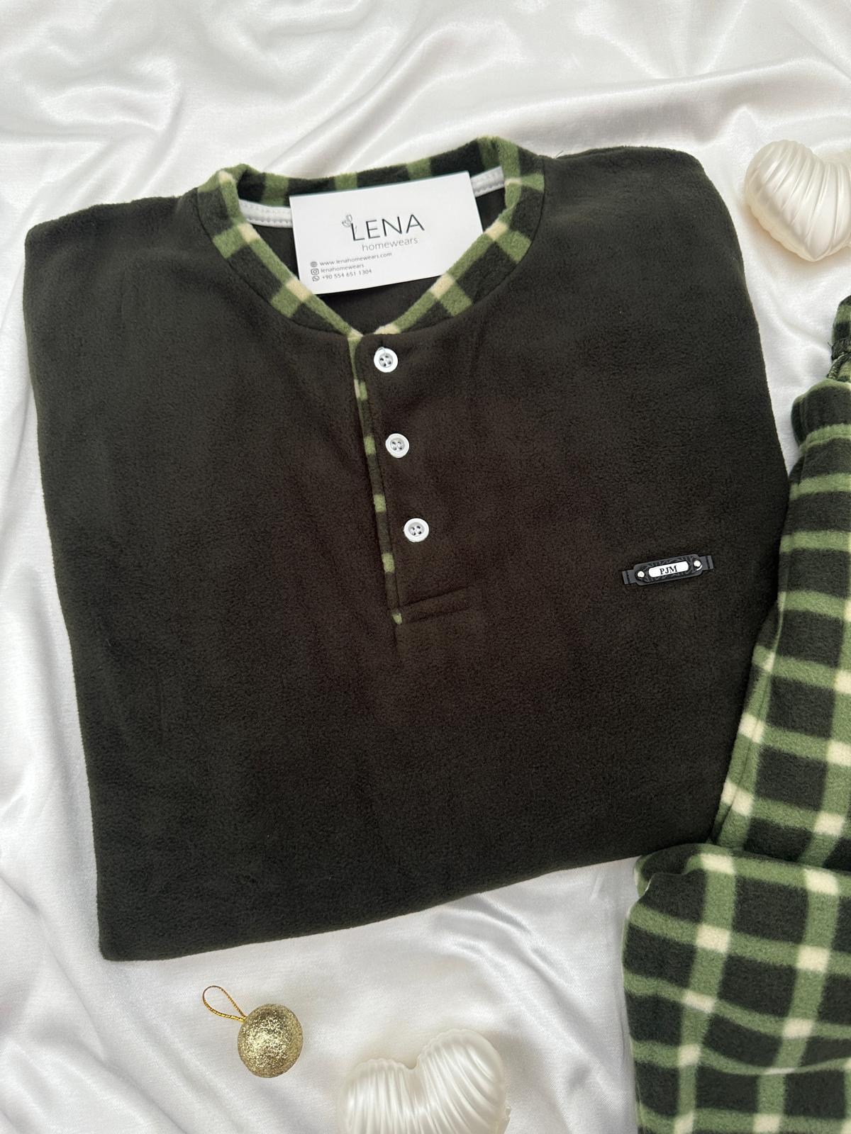 Yeşil Polar Erkek Uzun kollu Pijama Takımı