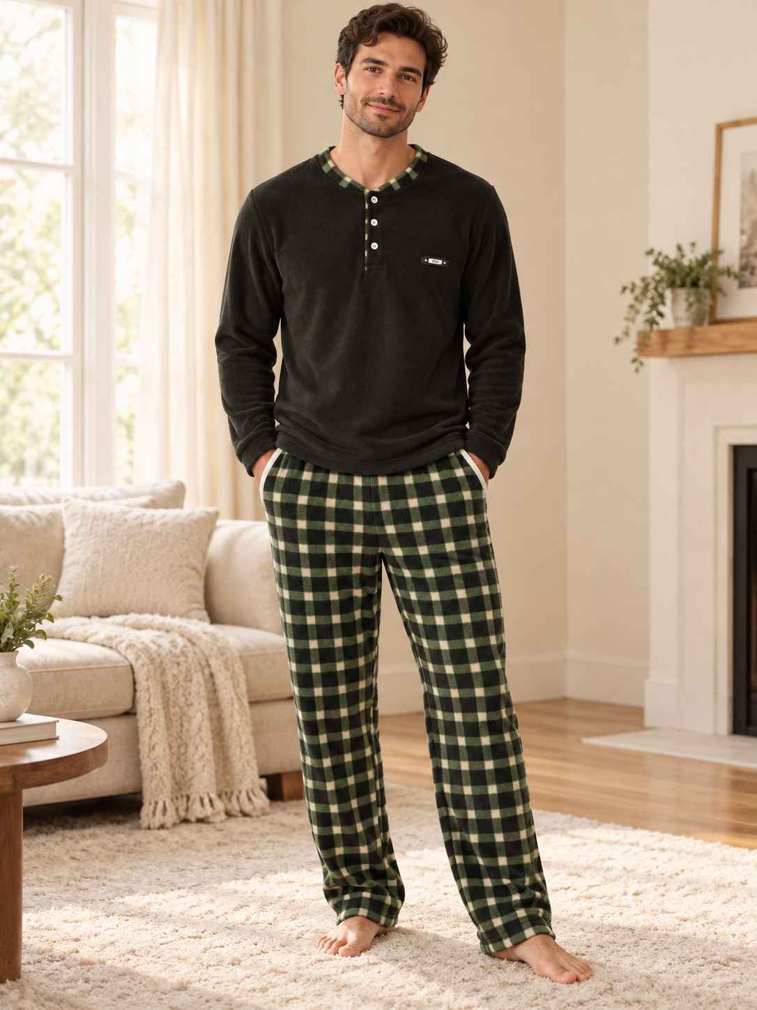 Yeşil Polar Erkek Uzun kollu Pijama Takımı