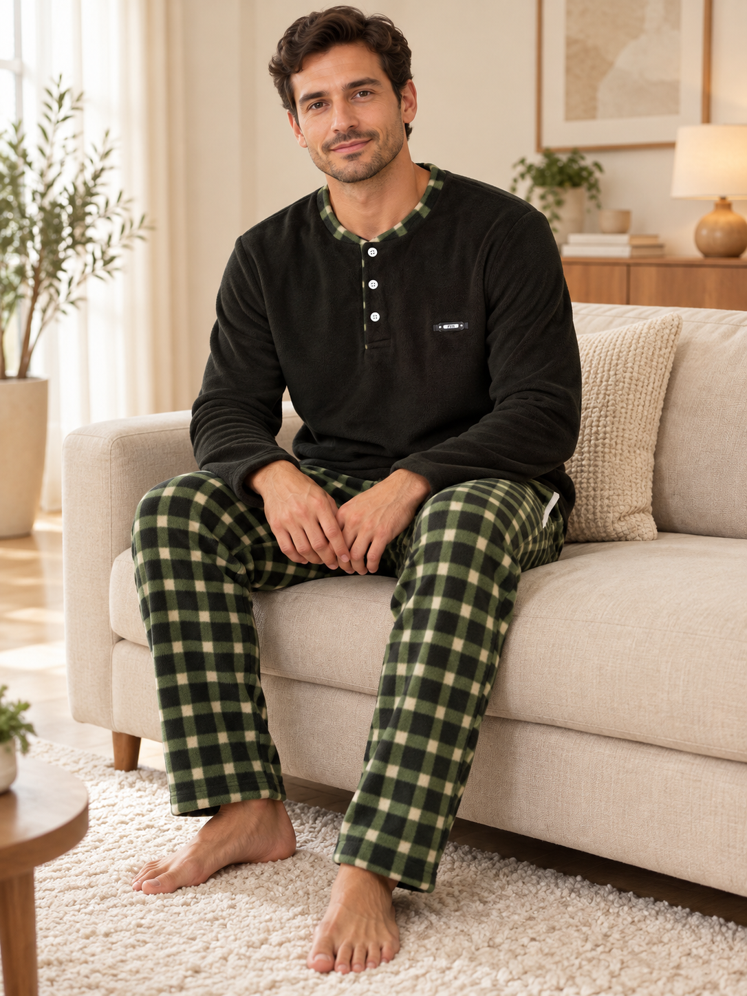 Yeşil Polar Erkek Uzun kollu Pijama Takımı