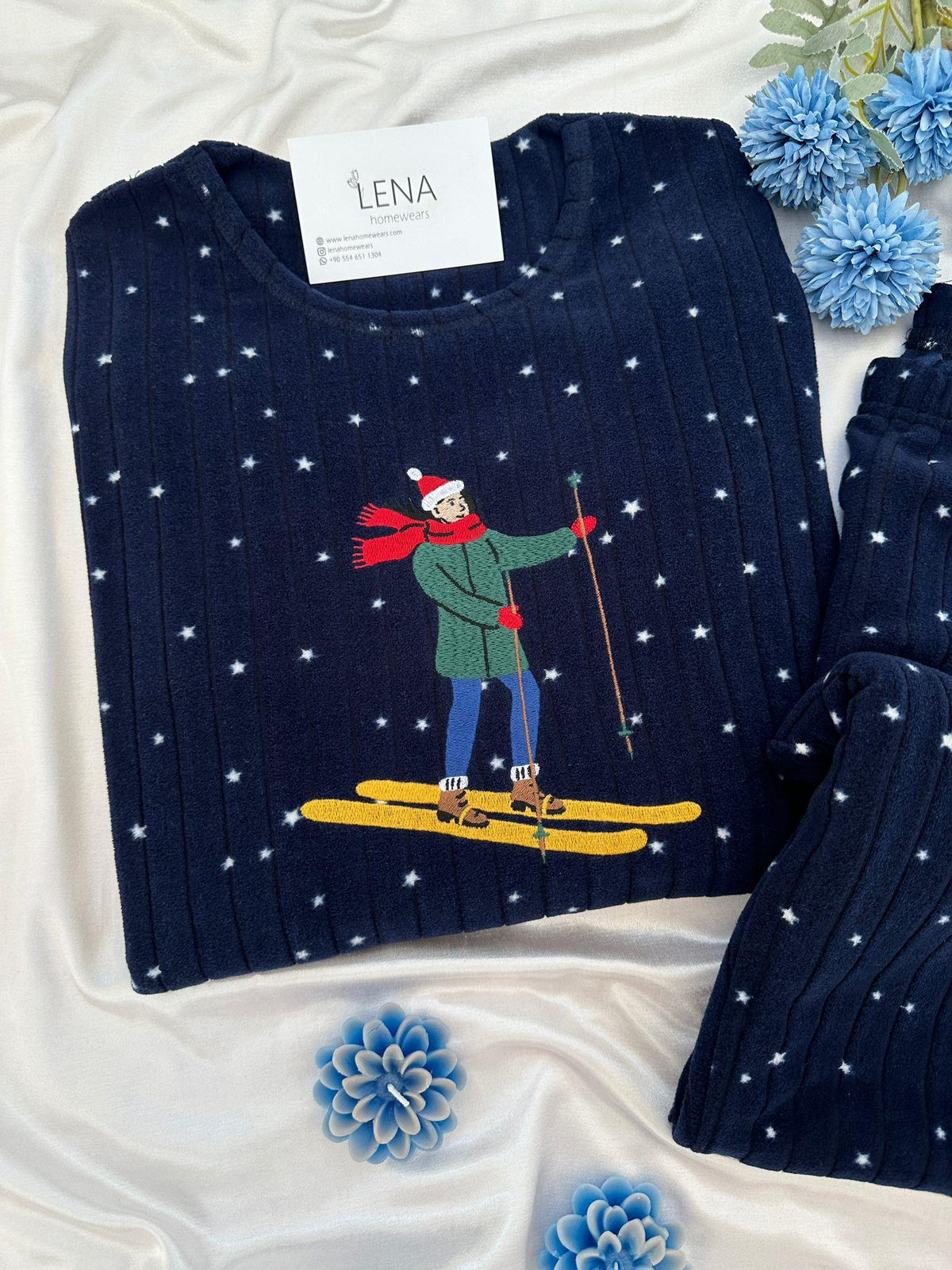 Yıldız Desenli Lacivert Polar Pijama Takımı