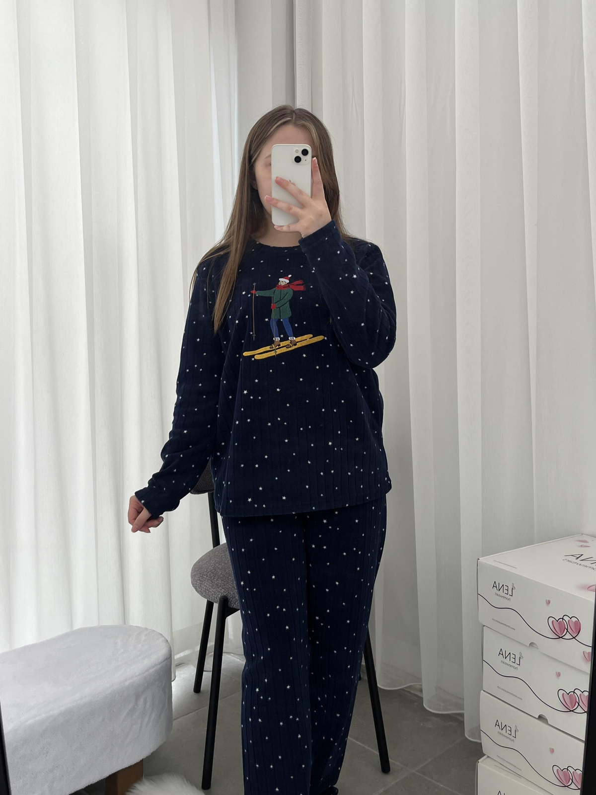 Yıldız Desenli Lacivert Polar Pijama Takımı
