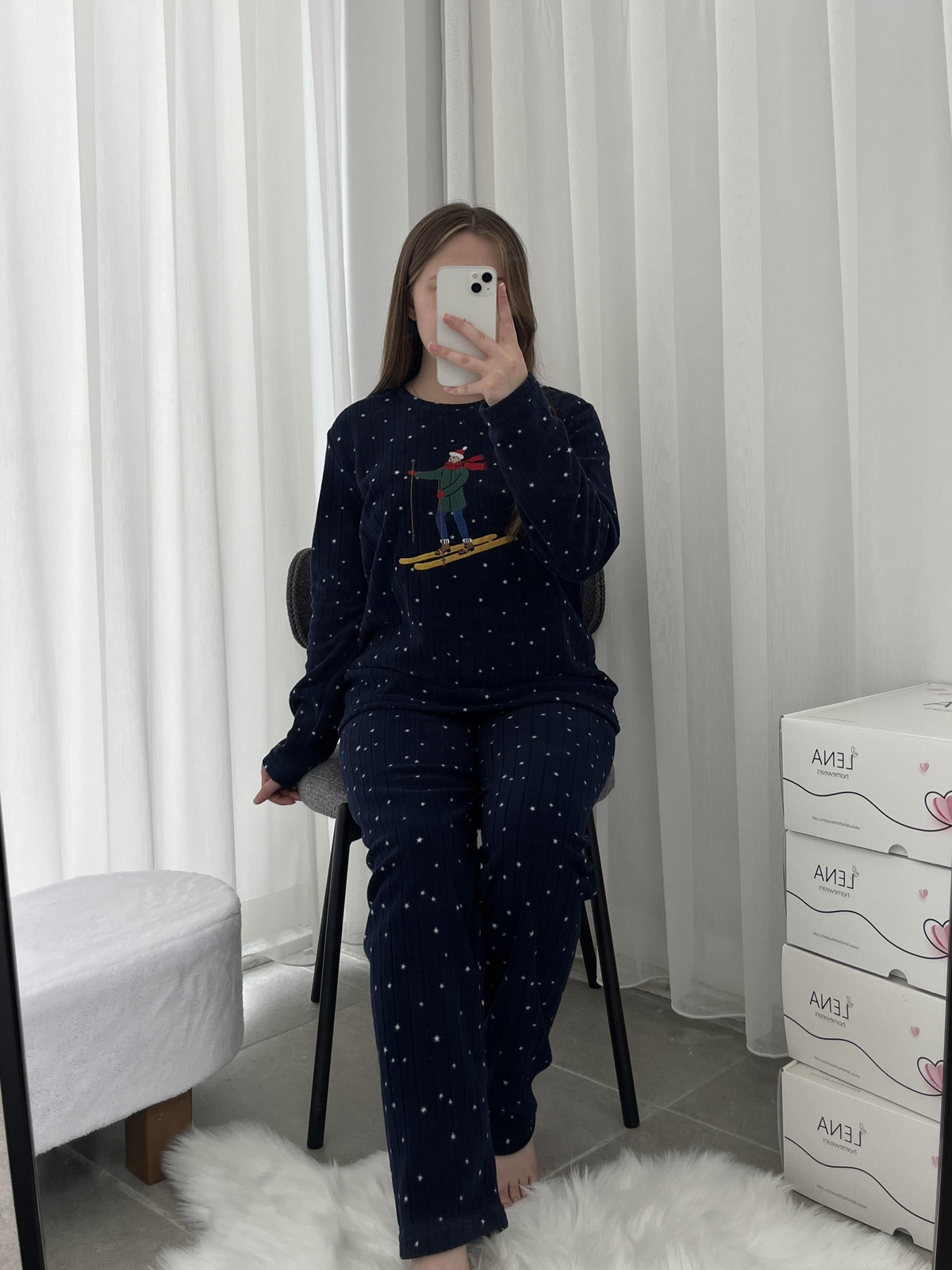 Yıldız Desenli Lacivert Polar Pijama Takımı