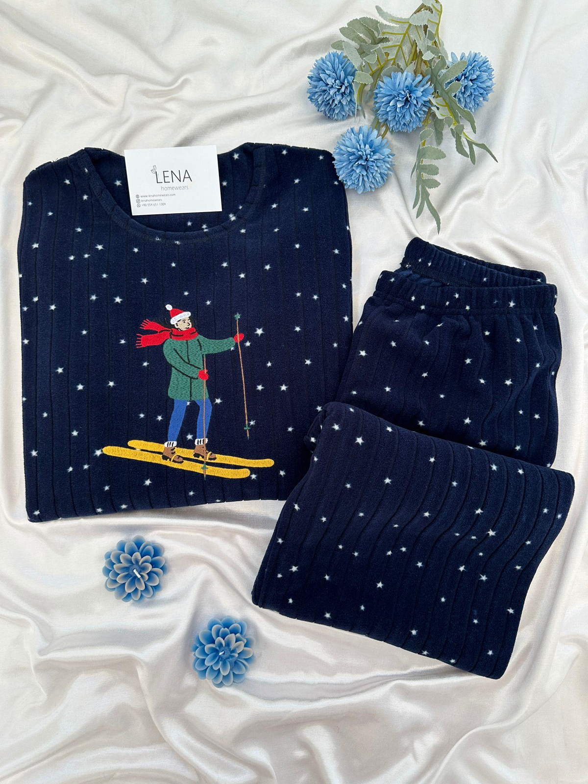 Yıldız Desenli Lacivert Polar Pijama Takımı