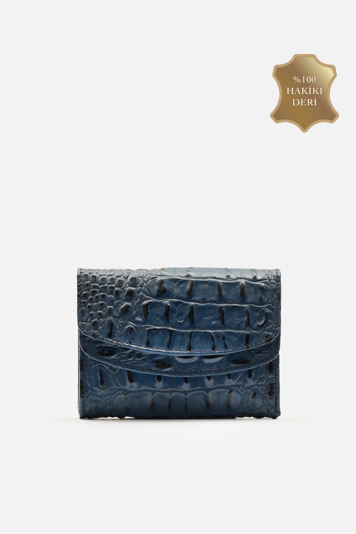Hakiki Croco Deri Nero Kadın Cüzdan Cüzdan 13x9 cm, Arka Fermuarlı, Çift Çıtçıtlı