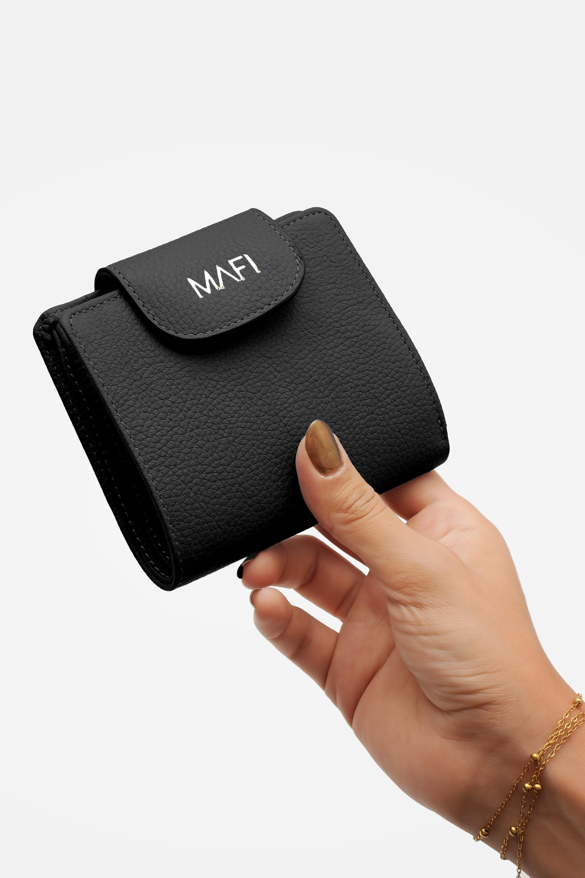 Mafi Nomed  %100 Doğal Siyah Deri Kompakt Cüzdan – 11×10 cm