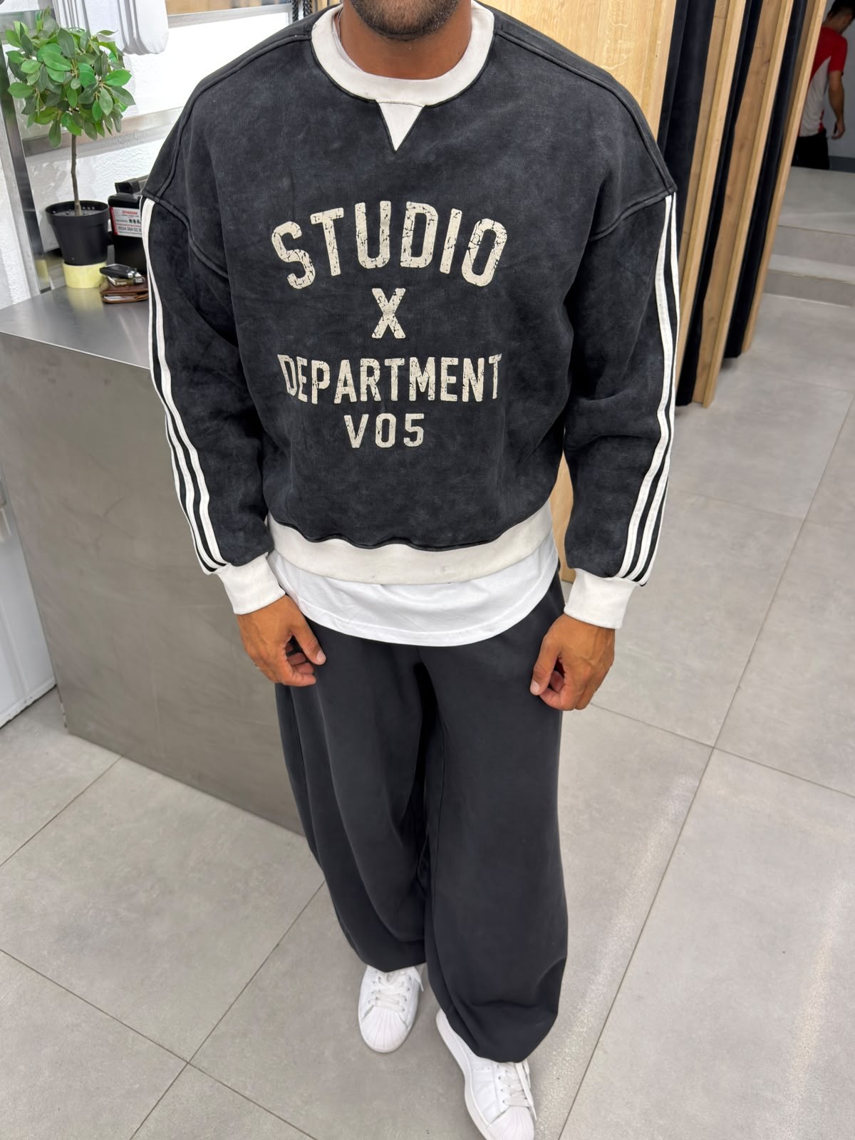 Vamos Yıkamalı Şeritli Sweat Siyah