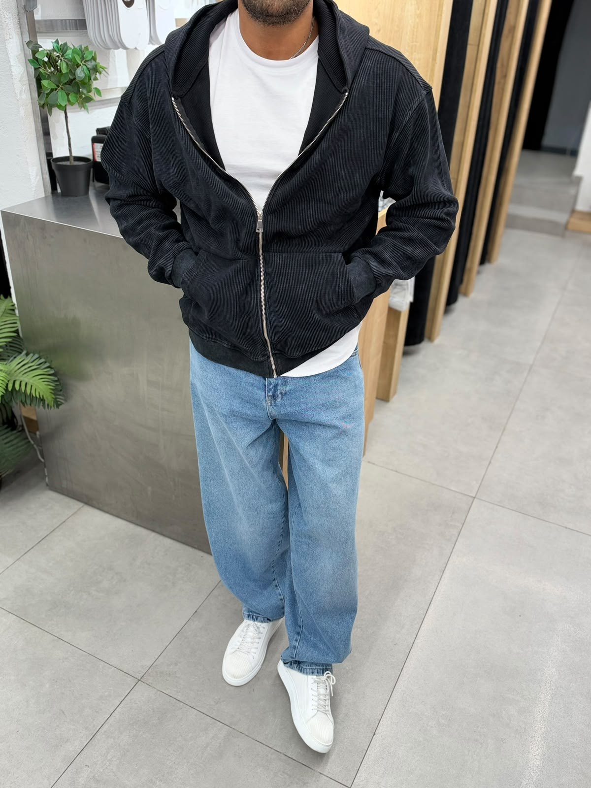 VamosYıkamalı Waffle Sweatshirt Siyah