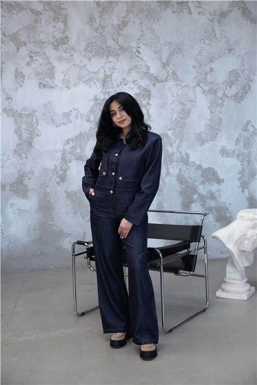 Gold Düğme Detaylı Denim Takım Zr Model