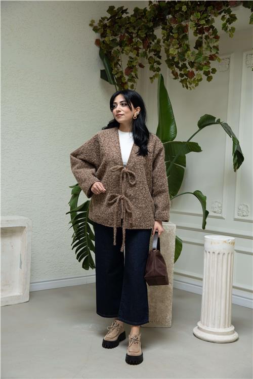 Bağcık Detay Oversize Hırka Kahve