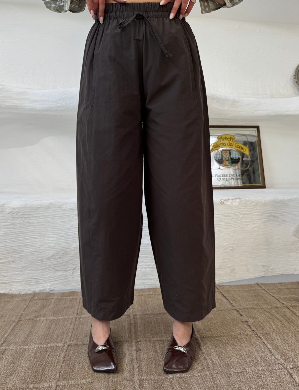 Beli Lastikli Bağlamalı Geniş Paça Pantolon Kahve