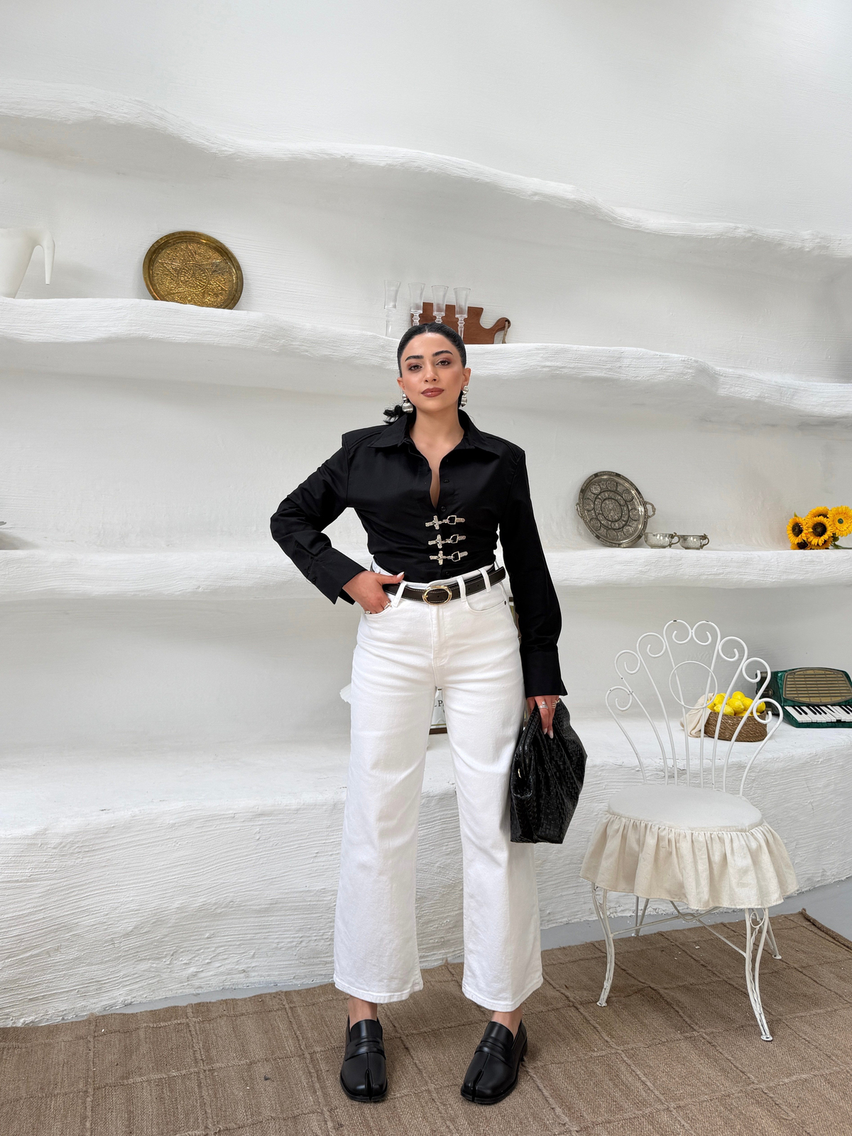Beyaz Culotte Yüksek Bel Kemerli Jean