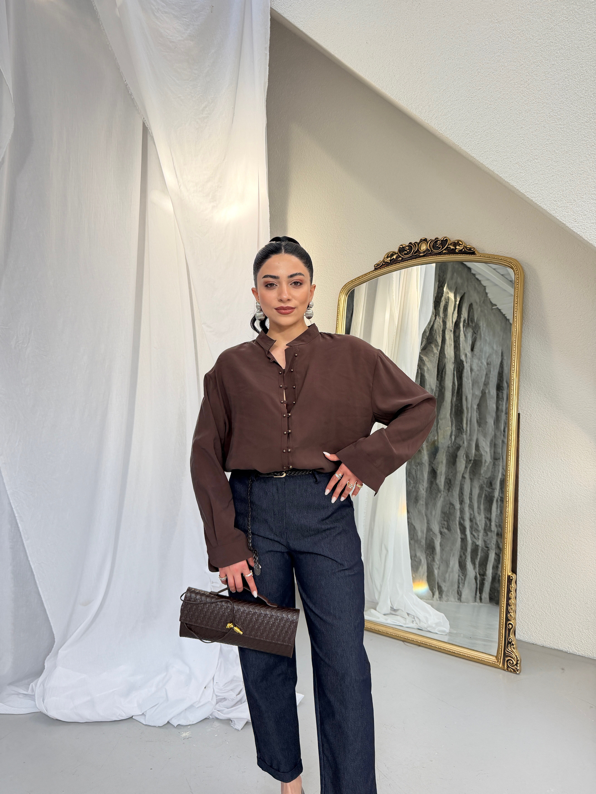 Marka Model Düğmeli Tencel Gömlek Kahve