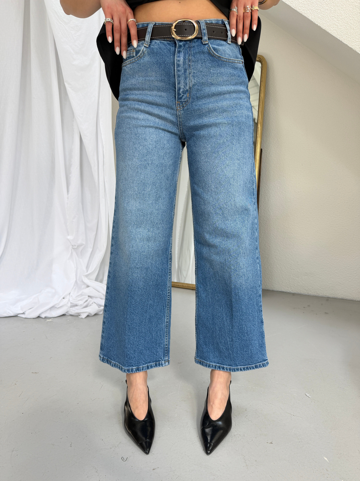 Mavi Culotte Yüksek Bel Kemerli Jean