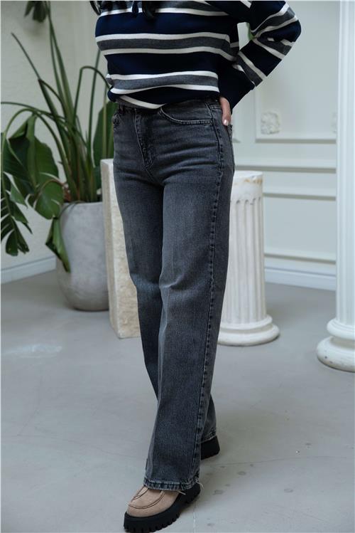 Wide Leg Jean Pantolon Çizgi Füme