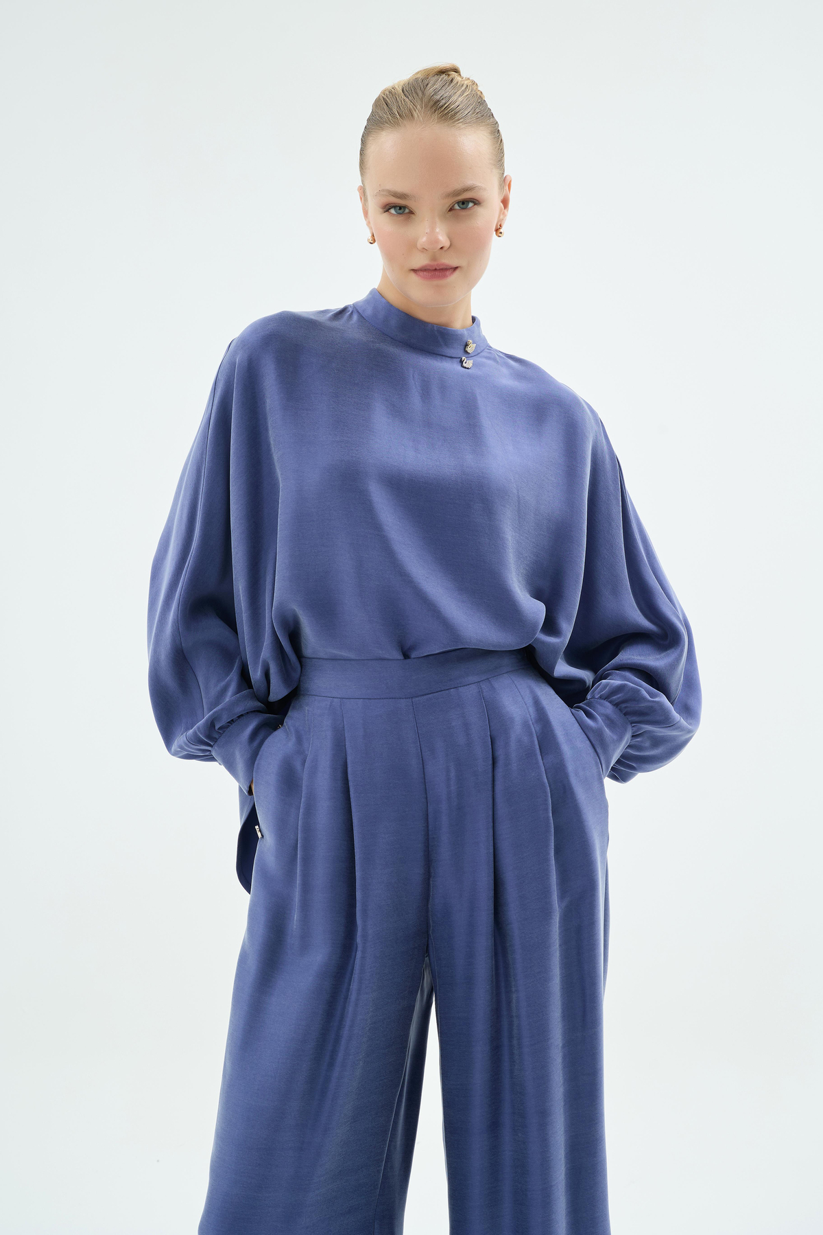 Lulu Balon Kol Oversize Bluz ve Pantolon 2li Takım İndigo