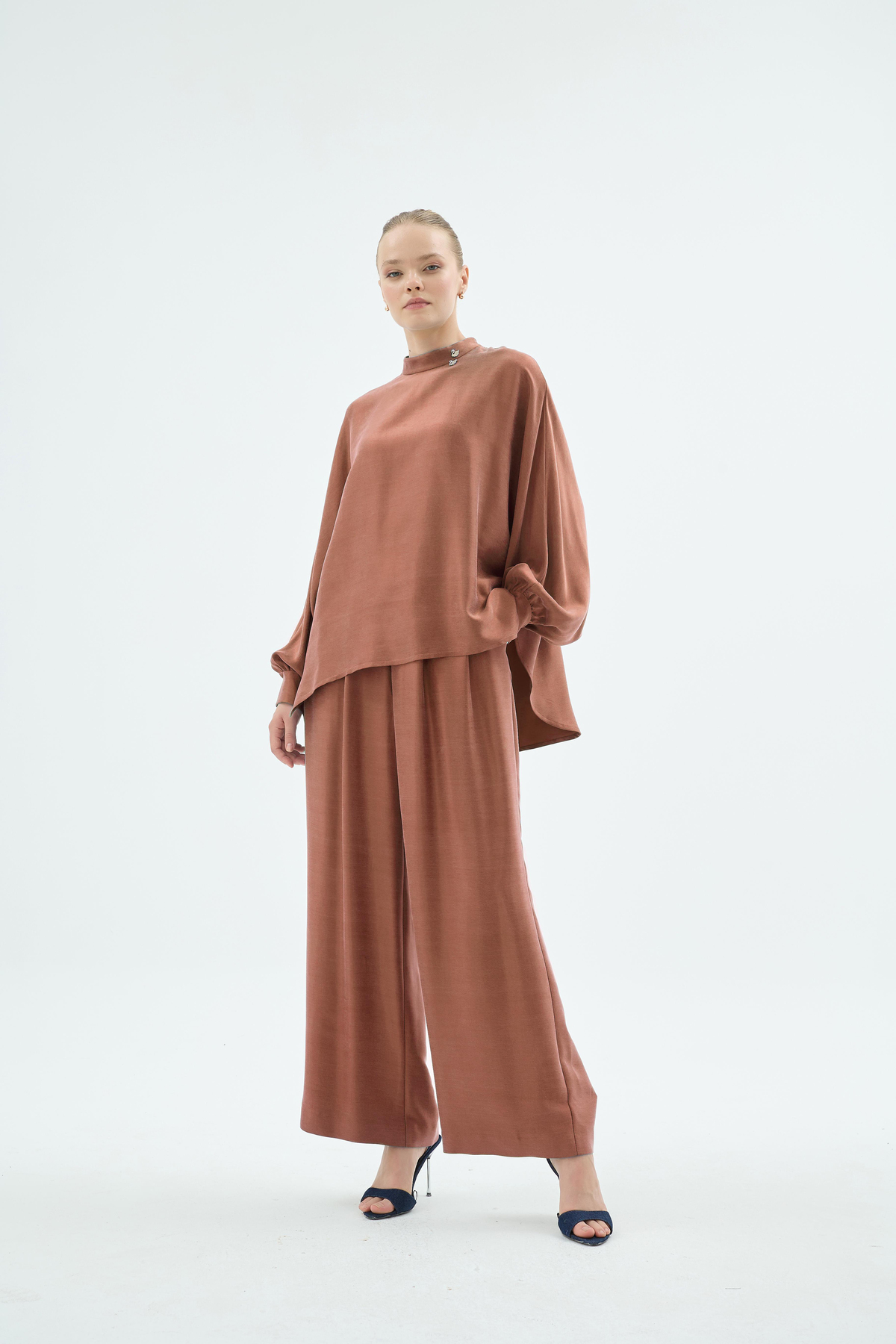 Lulu Balon Kol Oversize Bluz ve Pantolon 2'li Takım Bakır