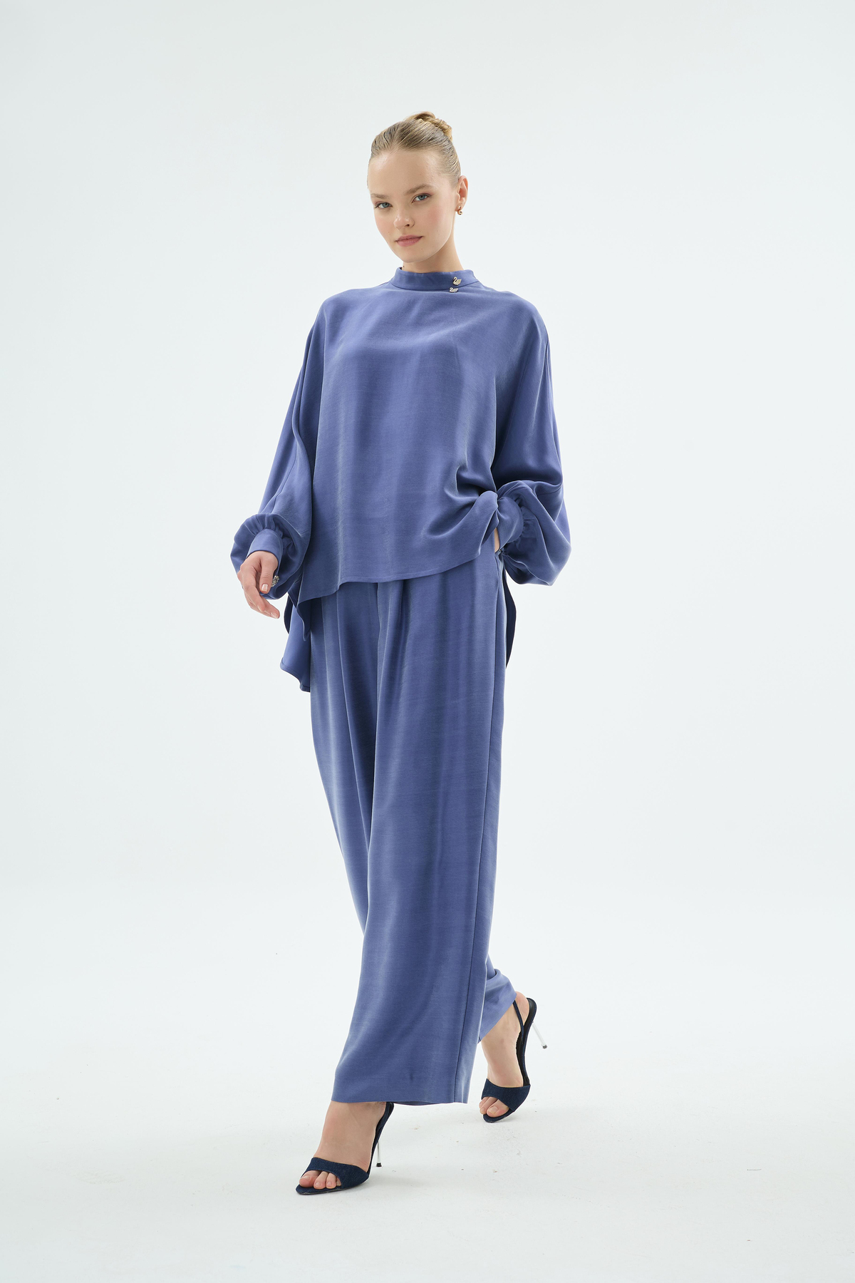 Lulu Balon Kol Oversize Bluz ve Pantolon 2li Takım İndigo