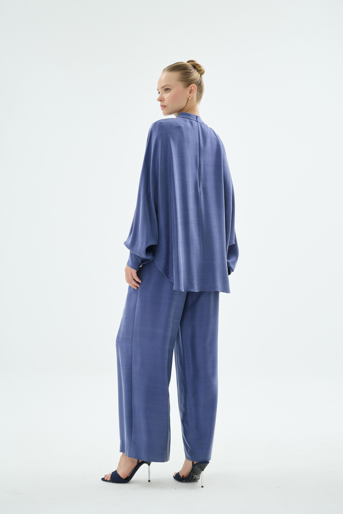 Lulu Balon Kol Oversize Bluz ve Pantolon 2li Takım İndigo