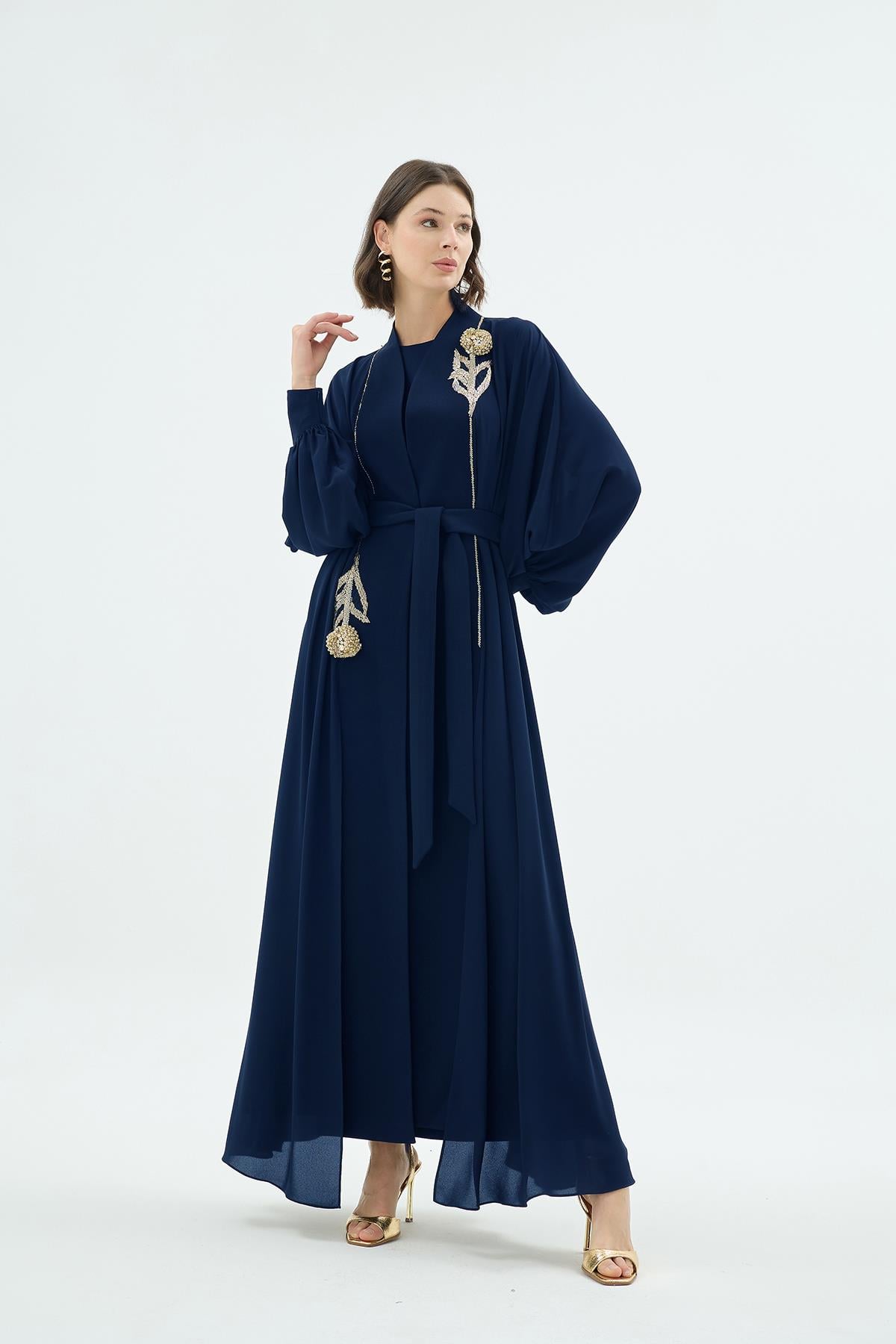 Karla El İşçiliği Gül Motifli Taş İşleme Abaya Lacivert