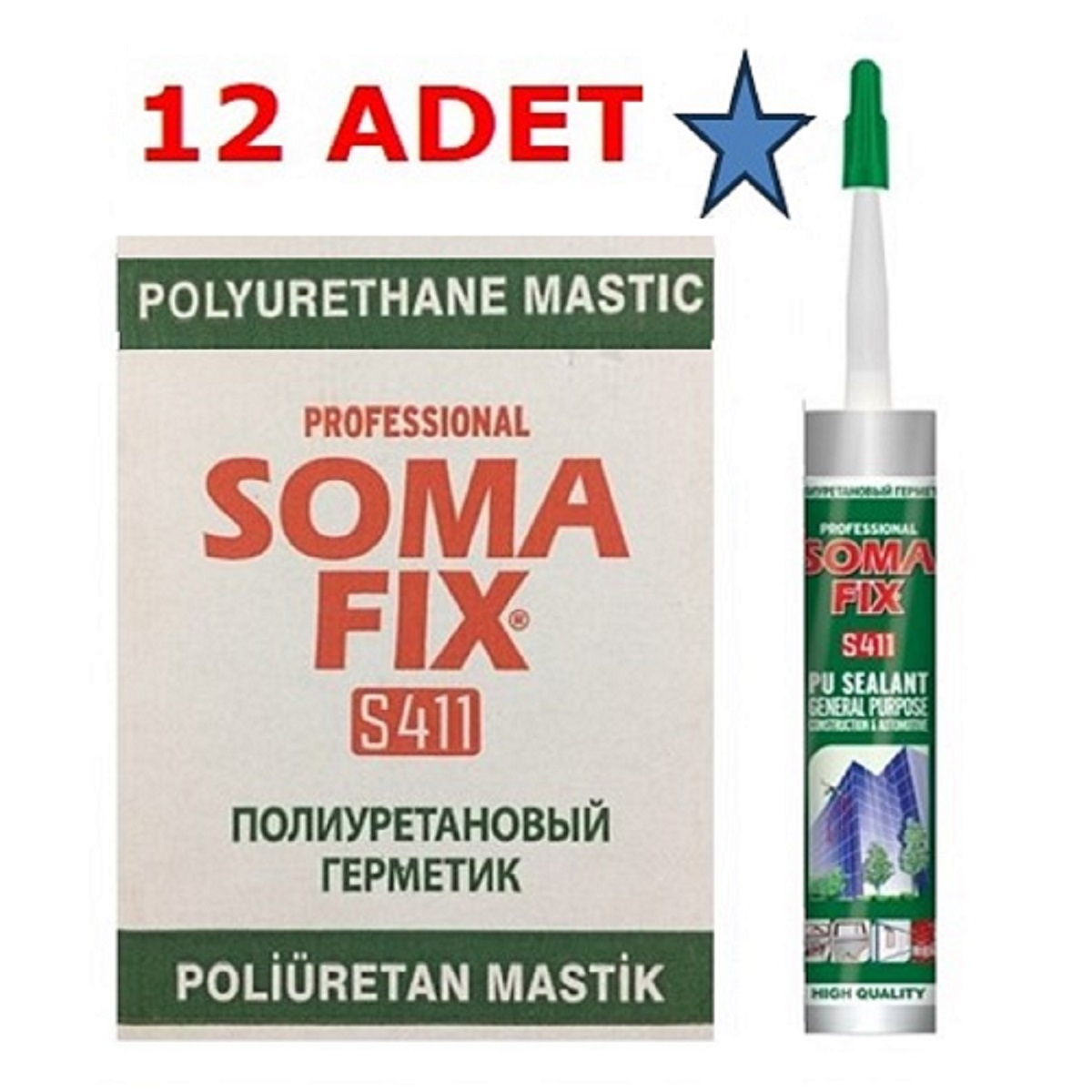 12 Adet 280 ml Gri Somafix Poliüretan Mastik Dış Cephe Oto Mastiği