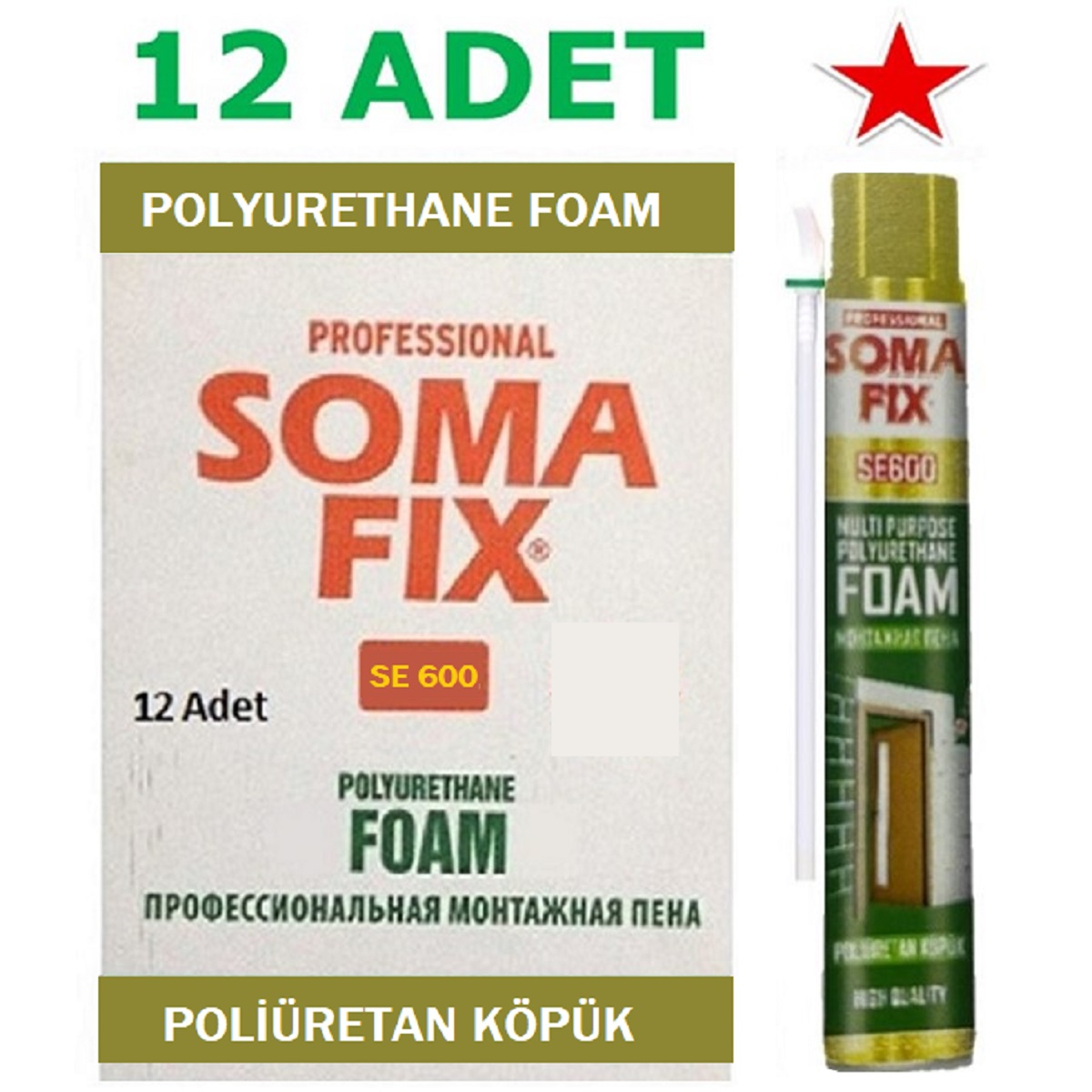 12 Adet 600 gr Somafix Poliüretan Köpük Çelik Kapı Pencere İzolasyon PU Köpüğü SE600