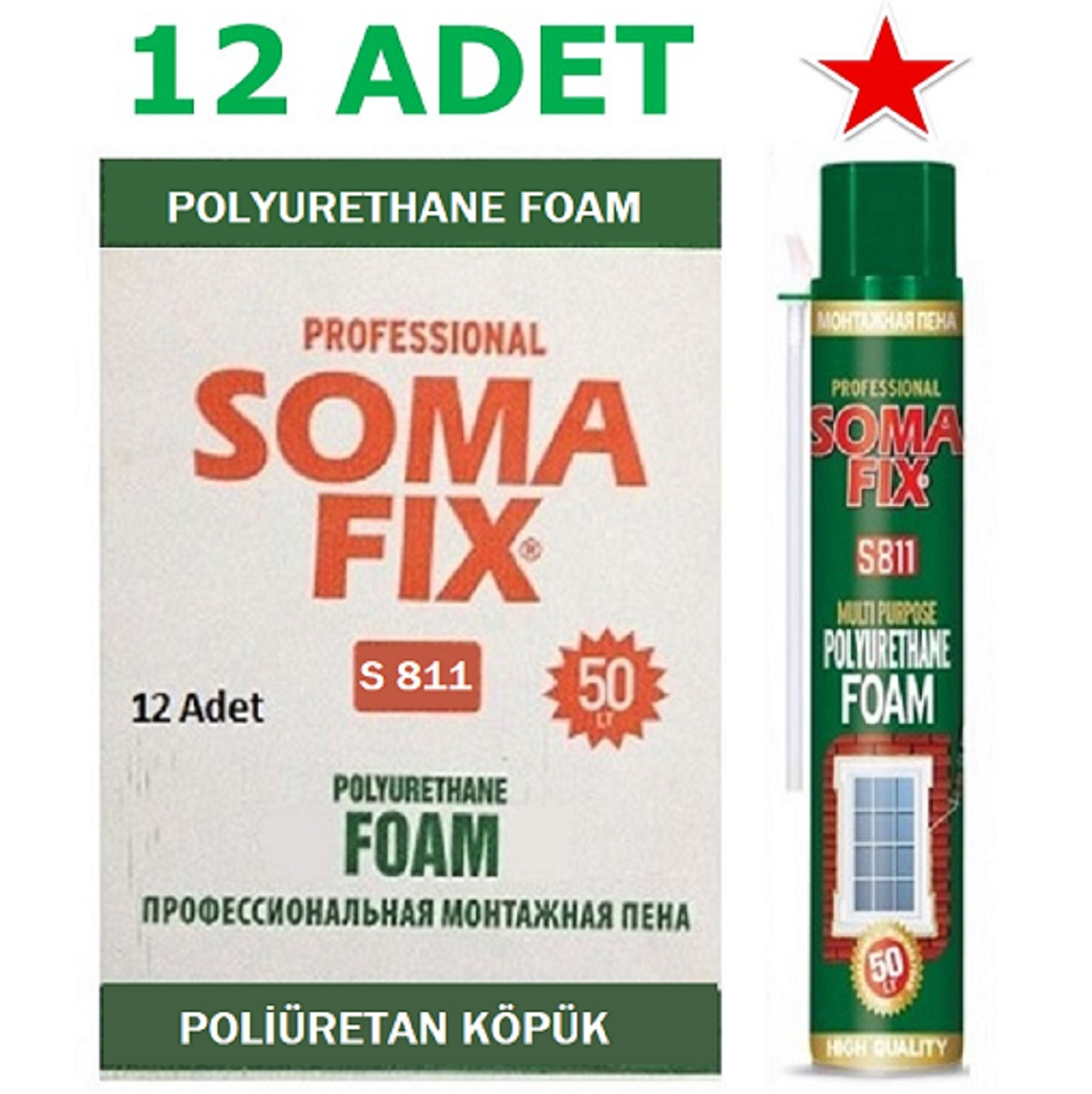 12 Adet 750 ml 850 gr Somafix Poliüretan Köpük Çelik Kapı Pencere İzolasyon PU Köpüğü S811