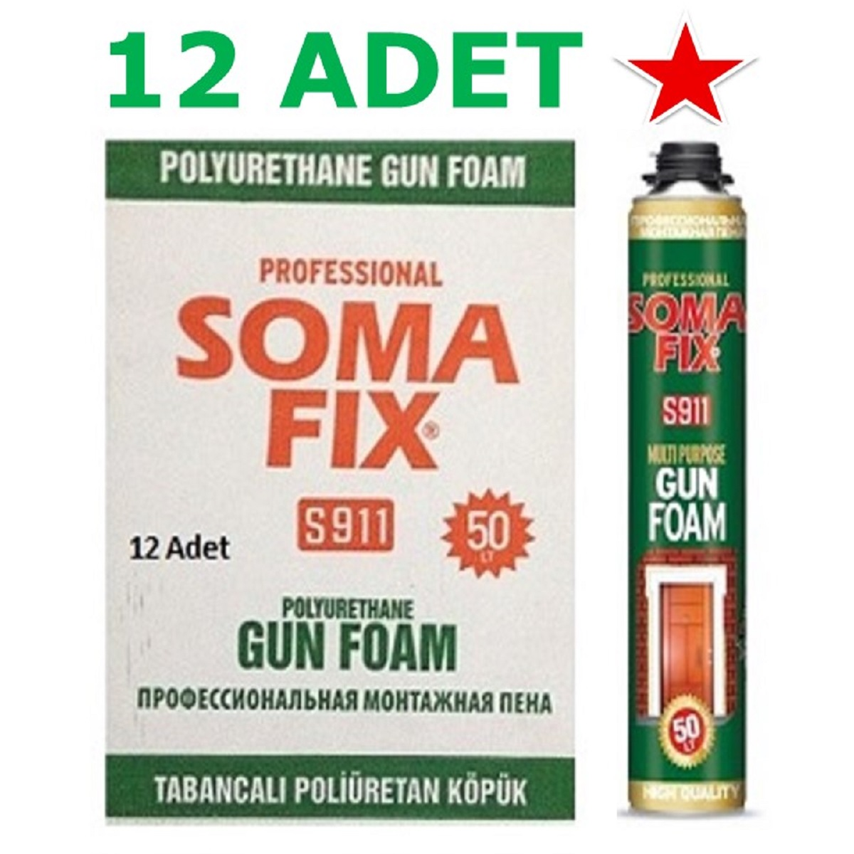 12 Adet 750 ml 850 gr Somafix Tabancalı Poliüretan Köpük Çelik Kapı Pencere Dolgu PU Köpüğü S911