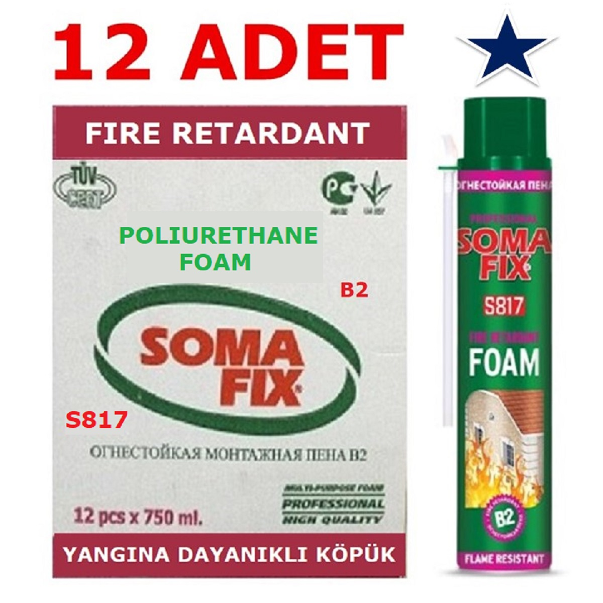12 Adet 750 ml 870 gr Somafix Yangına Dayanıklı Poliüretan Köpük B2 Pembe Köpük S817