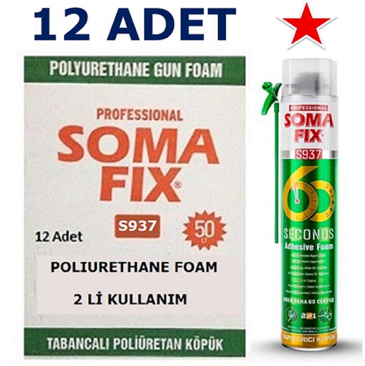 12 Adet 750 ml 880 gr Somafix 2 li Kullanım 60 Saniye Poliüretan Yapıştırma Köpüğü S937