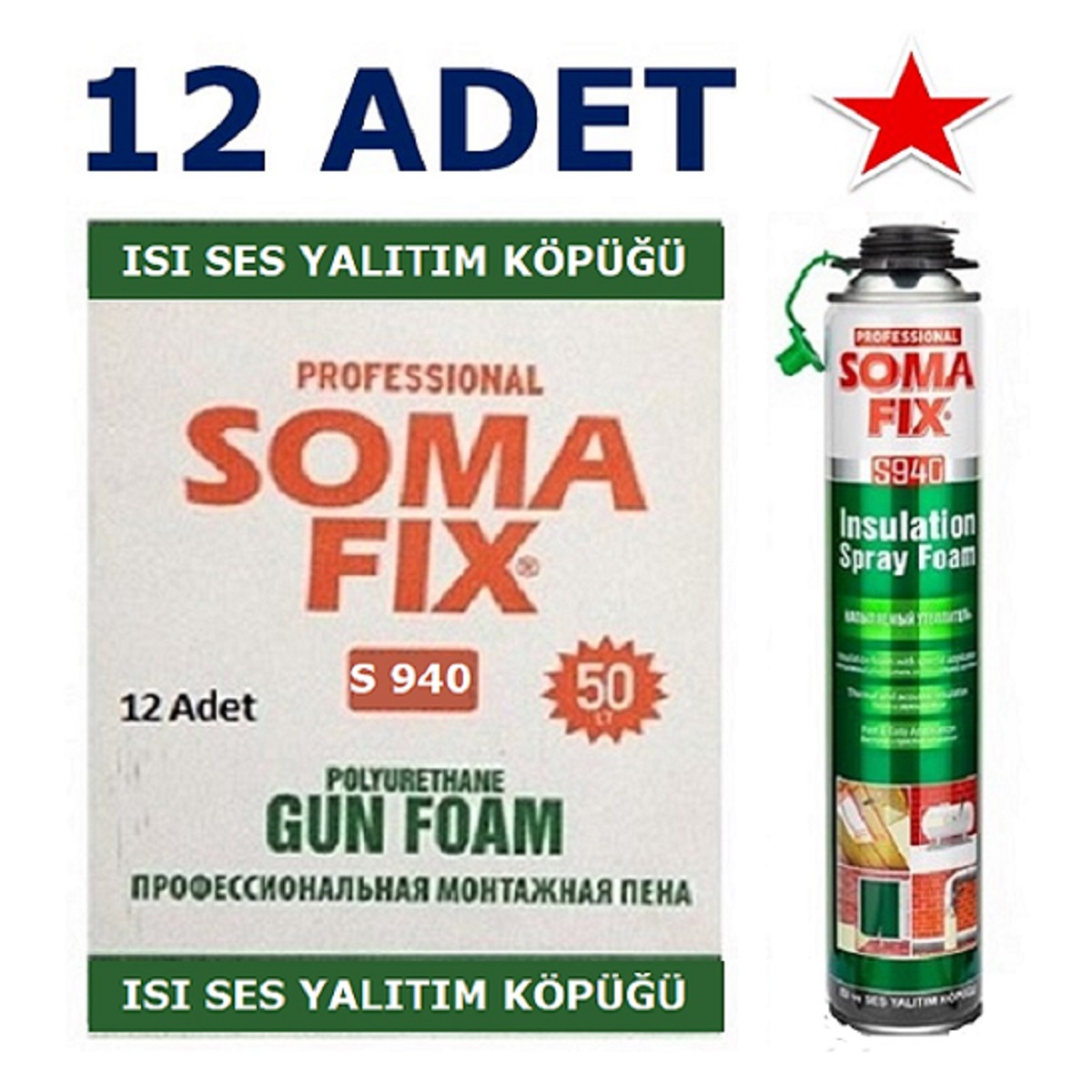 12 Adet 850 ml 910 gr Somafix Tabancalı Isı Ses Yalıtım Köpüğü Yatay Dikey Püskürtme S940
