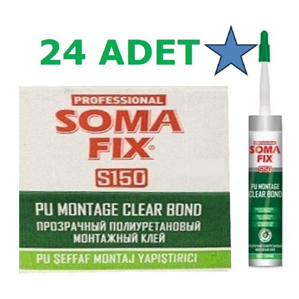 24 Adet 310 ml Somafix Şeffaf Poliüretan Montaj Yapıştırıcı Dolap Toplama Clear Bond S150