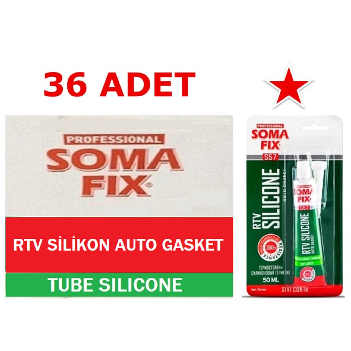 36 Adet 50 ml Somafix Kırmızı Tüp RTV Silikon Sıvı Conta 350 ºC