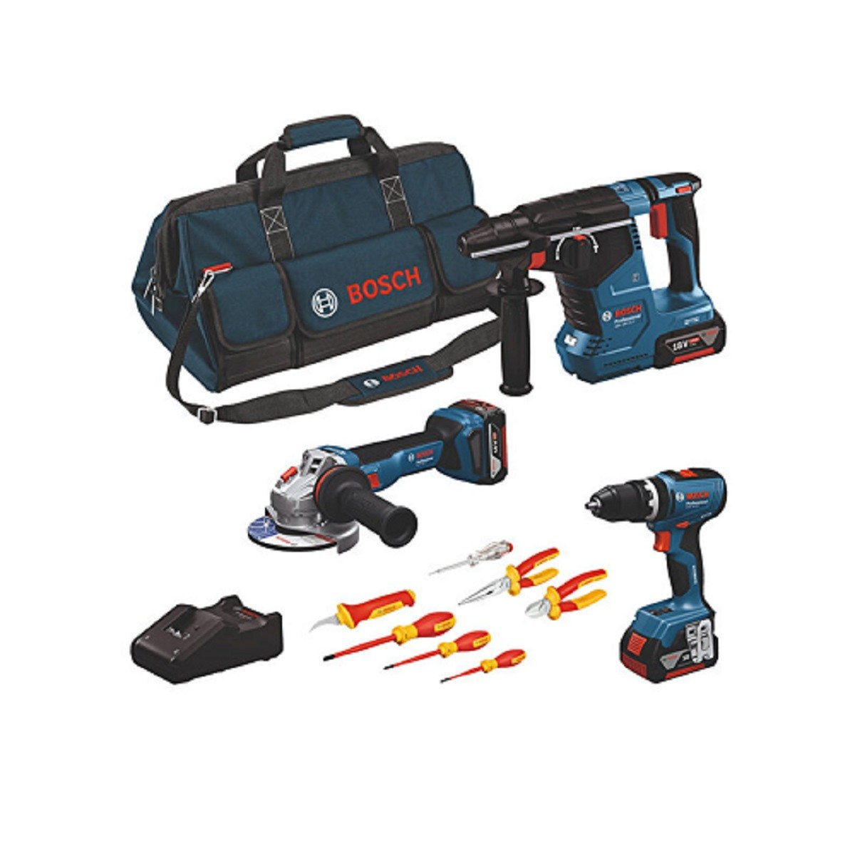Bosch GSB 18V65 Akülü Vidalama + GWS 18V11 Avuç Taşlama + GBH 18V24 Akülü Kırıcı Delici + 3 Ad 5 Ah Akü + Şarj Cihazı + Kanvas Çanta + El Aletleri