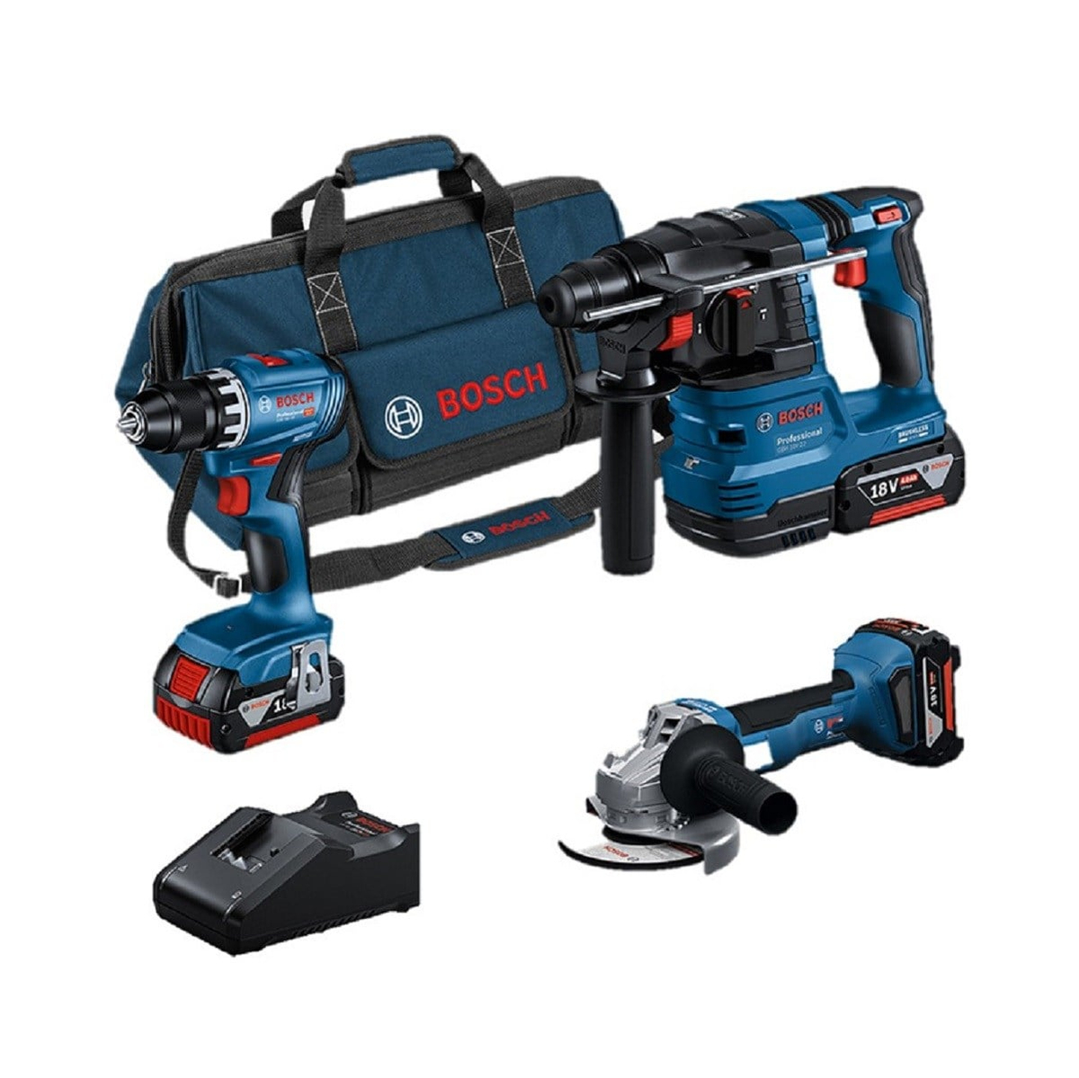 Bosch GSR 18V45 Akülü Vidalama + GWS 18V8  Açılı Taşlama + GBH 18V22 Akülü Kırıcı Delici + 3 Ad Akü + Şarj Cihazı