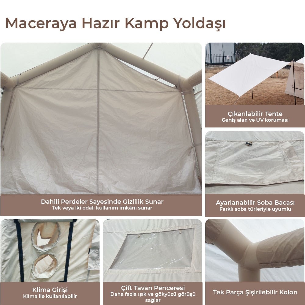 HABL 12 Kişilik 12X 12 m² - Tenteli Gölgelikli, 4 Mevsim, Su Geçirmez Şişme Çadır 400x300x235 cm