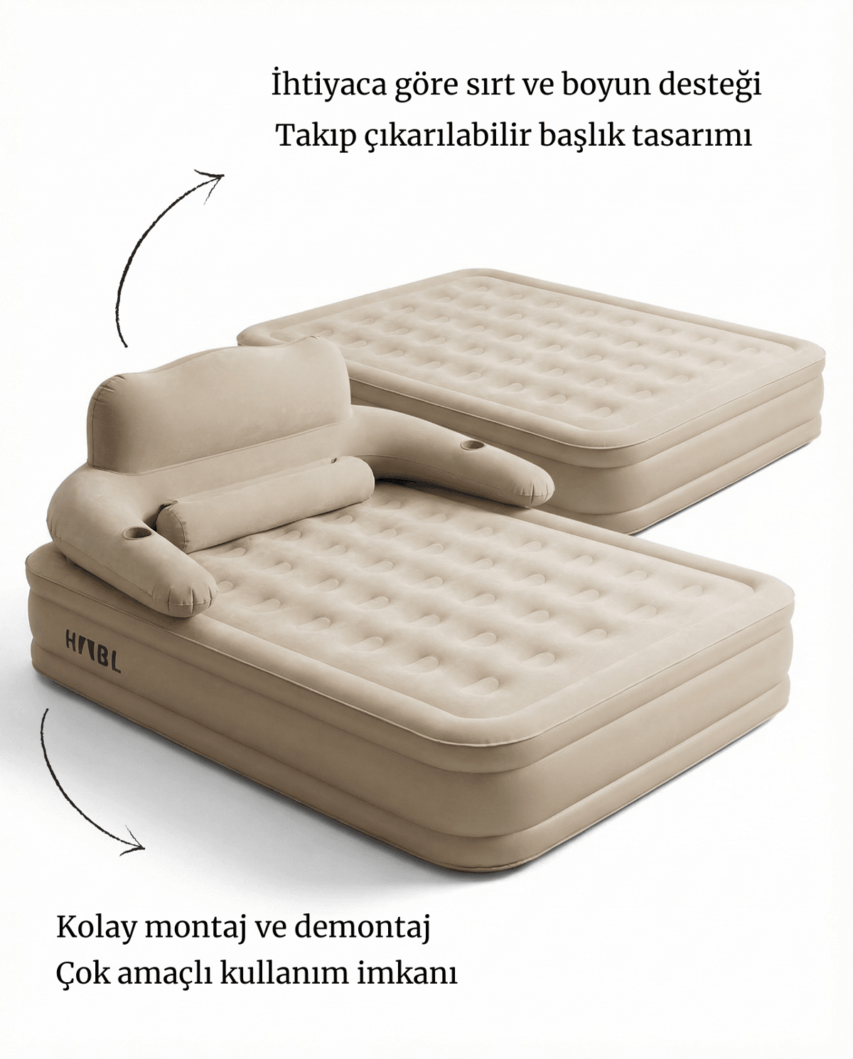 HABL Çift Kişilik Otomatik Şişme Yatak Çıkarılabilir Başlıklı Kamp ve Misafir Yatağı 203x152x40cm