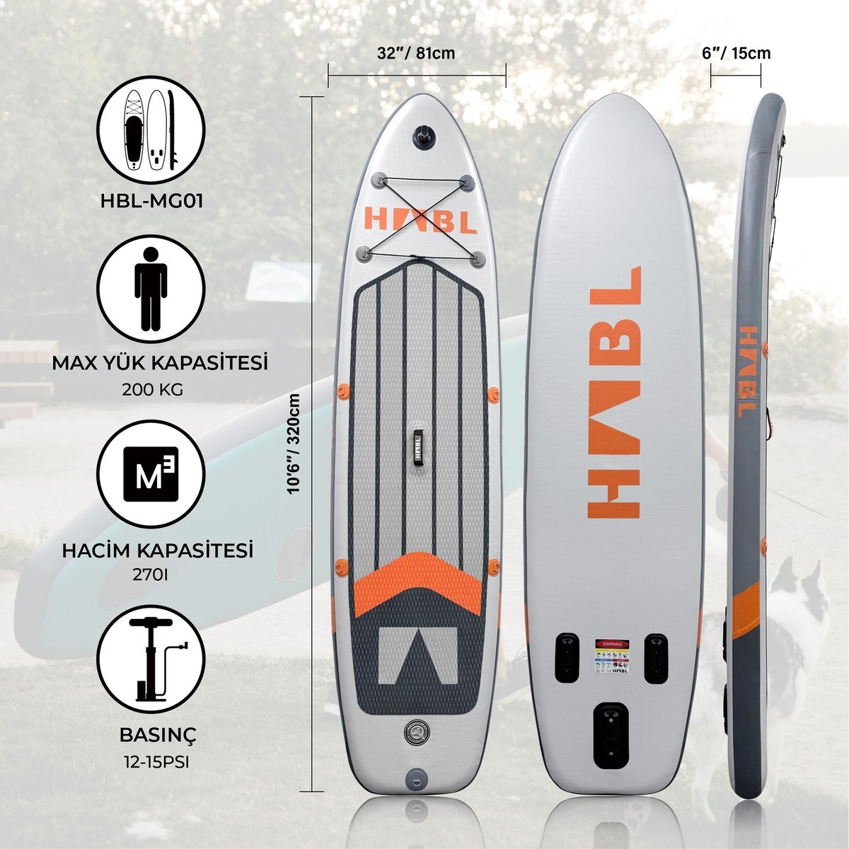 Habl Şişme Deniz Sup Board - Paddle Board – 320 x 81 x 15 Gri