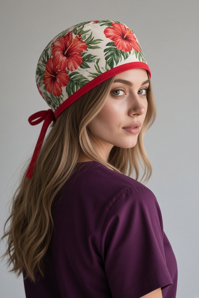 Kırmızı Gül Desenli Bone (Cotton Likra Kumaş)