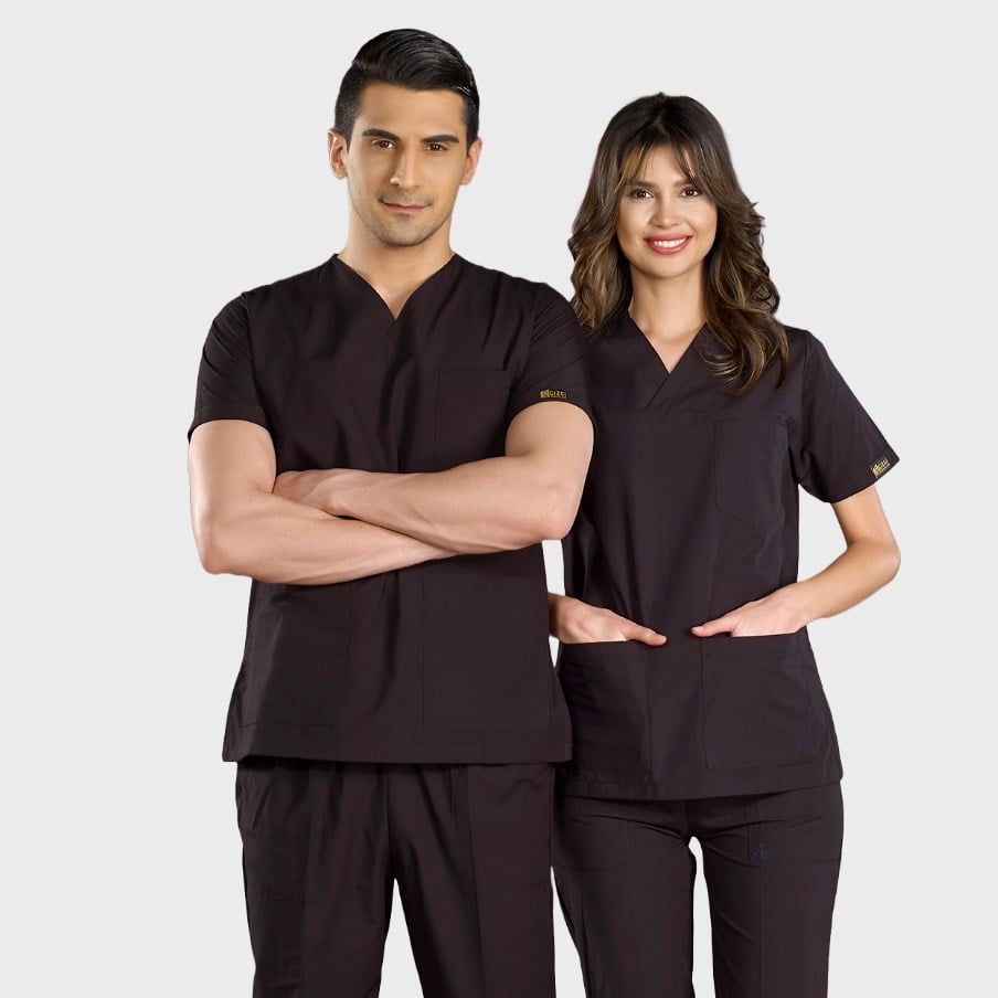 Siyah Klasik Doktor Hemşire Medikal Scrubs Takım Terikoton Kumaş