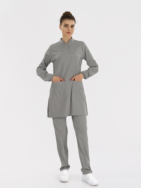 Neutral Gray Tesettür Hakim Yaka Doktor Hemşire Medikal Scrubs Takım Lüks Likralı Kumaş