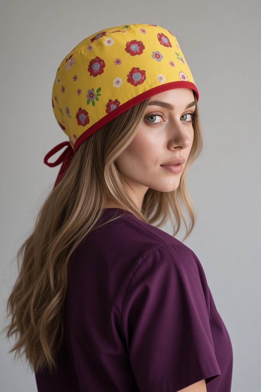 Sarı Çiçek Desenli Bone (Cotton Likra Kumaş)