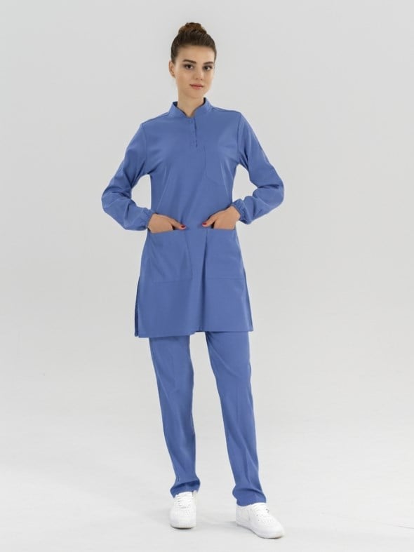Dazzling Blue Tesettür Hakim Yaka Doktor Hemşire Medikal Scrubs Takım Lüks Likralı Kumaş
