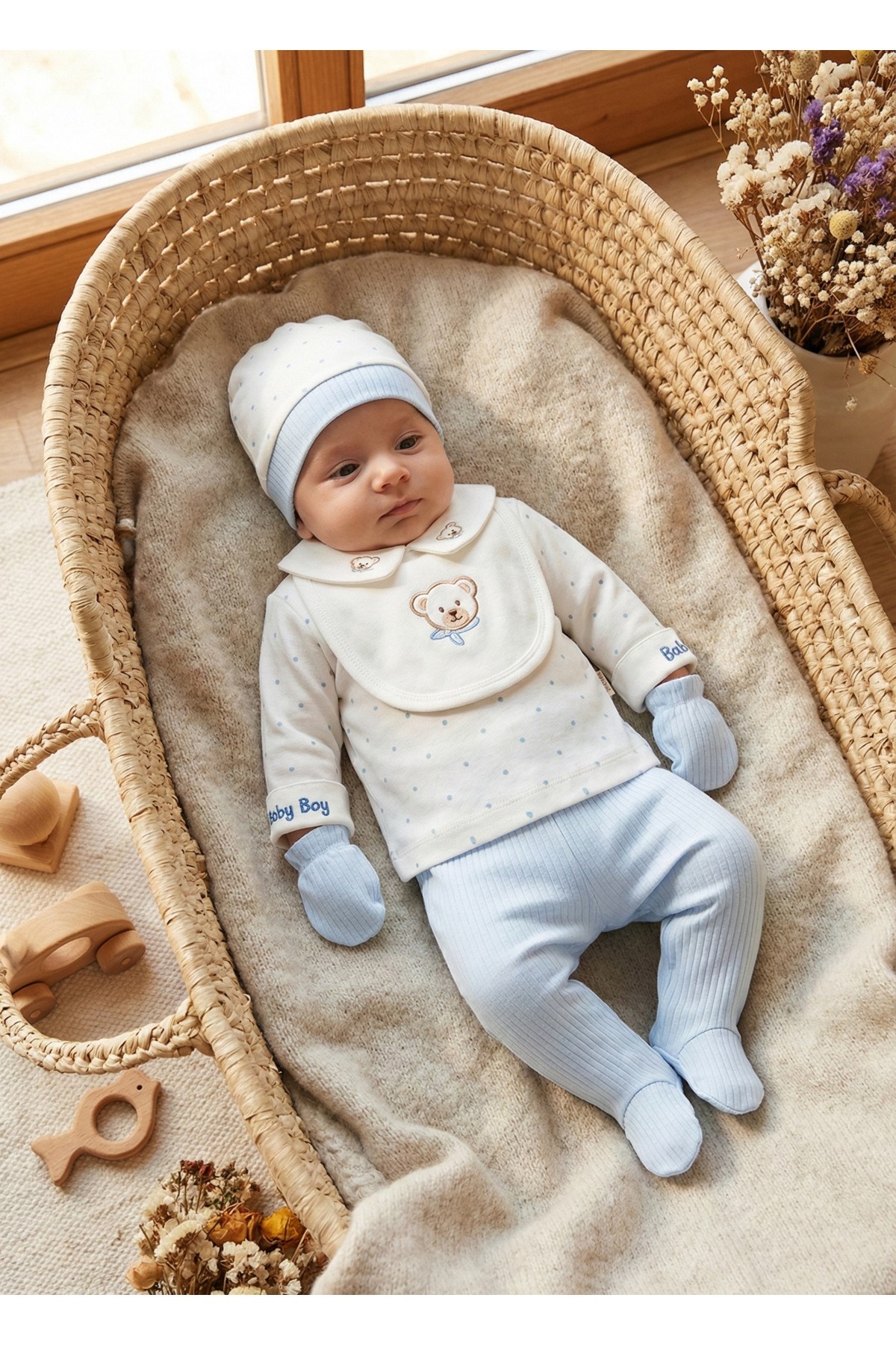 ERKEK BEBEK BABY BOY PUANLI 5Lİ YENİDOĞAN HASTANE ÇIKIŞI ZIBIN SETİ