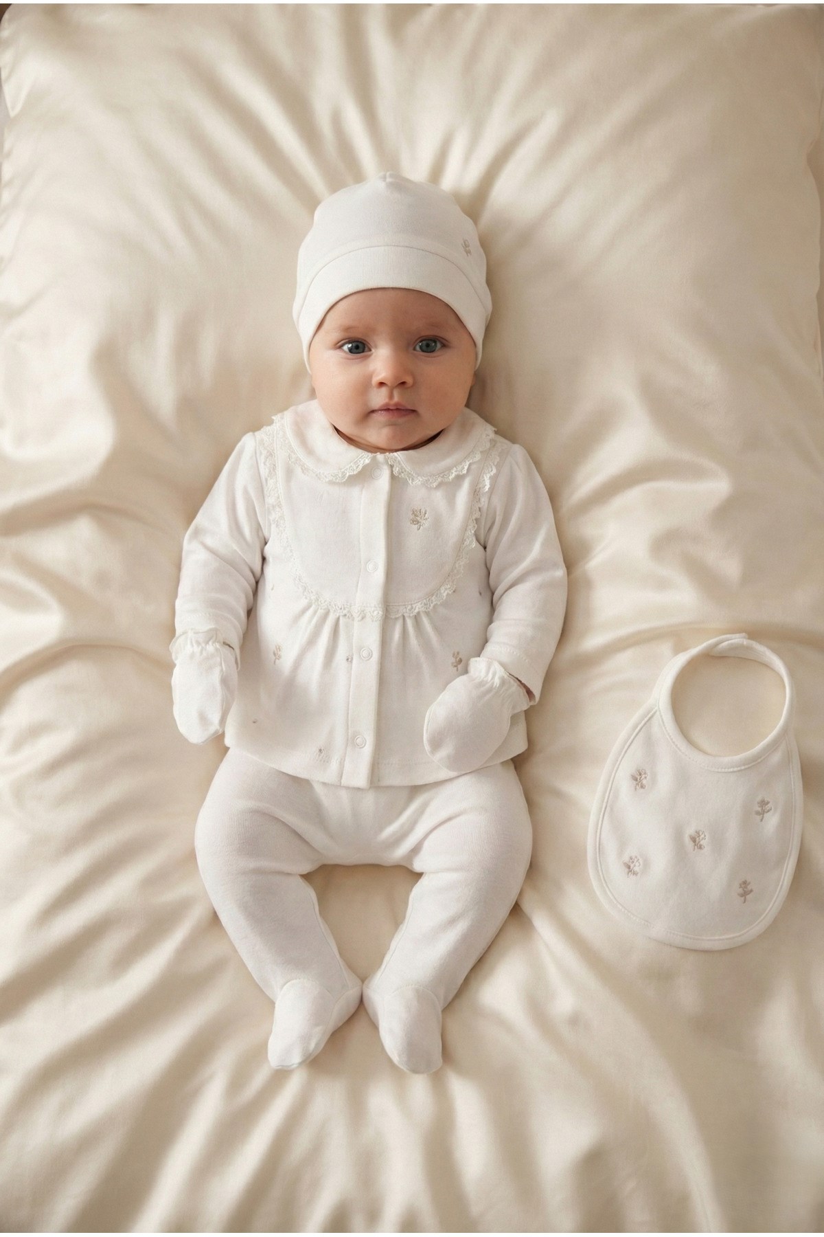 KIZ BEBEK %100 PAMUK ÇİÇEK NAKIŞLI 5'Lİ YENİDOĞAN HASTANE ÇIKIŞI ZIBIN SETİ KUTULU